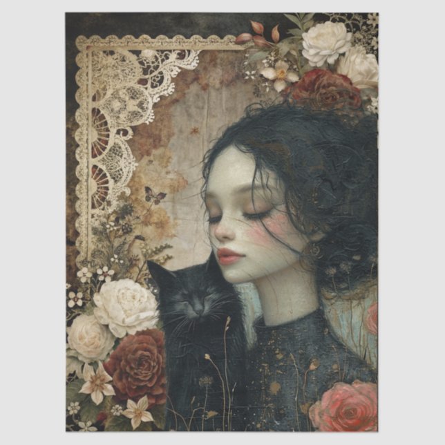 Einzigartiges Elegantes Girl & Black Cat Blumengar Seidenpapier (Vorderseite)