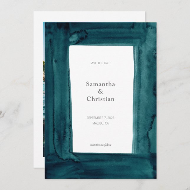 Einzigartiges Emerald Watercolor-Foto Save the Dat Einladung (Vorne/Hinten)