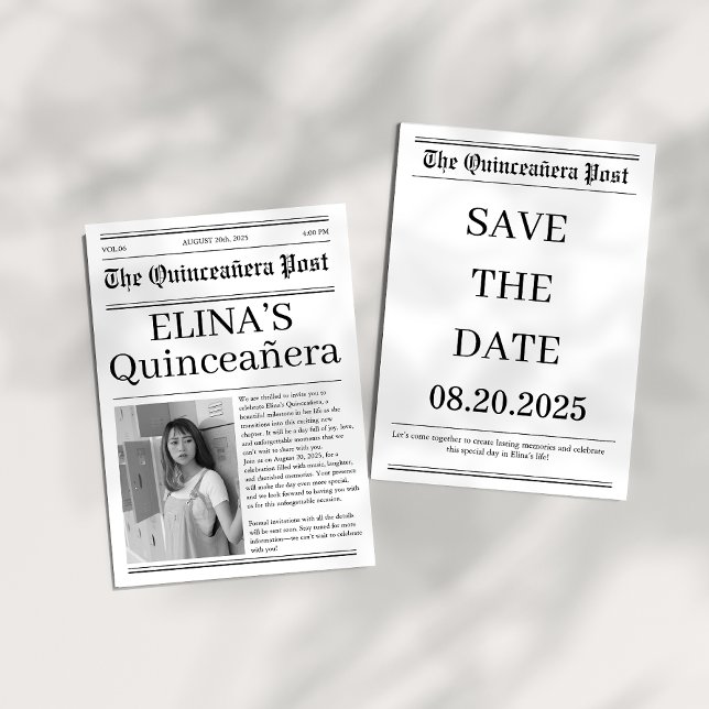 Einzigartiges Foto der Quinceañera-Zeitung Schwarz Save The Date (Von Creator hochgeladen)