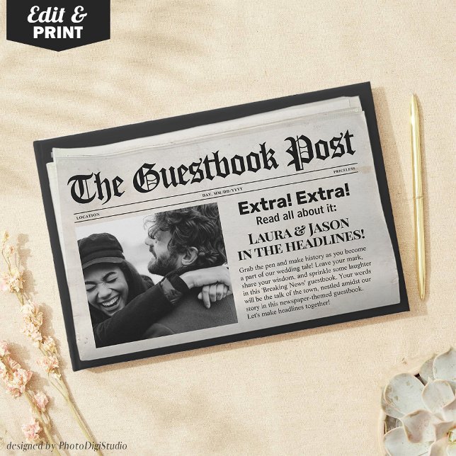 Einzigartiges Gästebuch Black Newspaper Style (Customizable Newspaper Wedding Guestbook)
