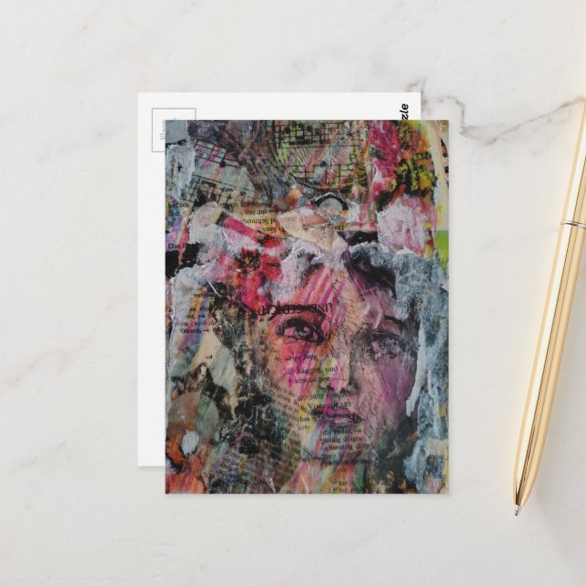 Einzigartiges Gesicht mit farbenfrohen Wörtern in  Postkarte (Vorderseite/Rückseite Beispiel)