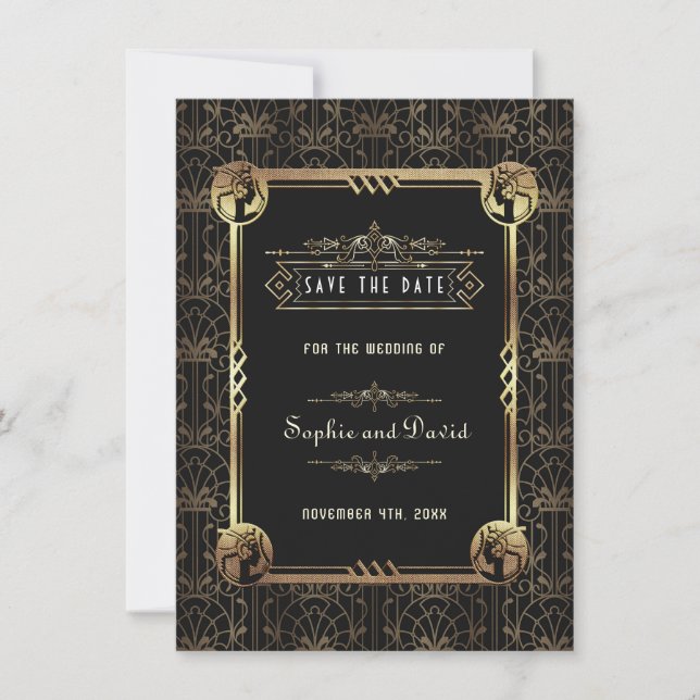 Einzigartiges Gold Black Great Gatsby Art Deco Hoc Save The Date (Vorderseite)
