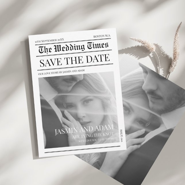 Einzigartiges Hochzeitserlebnis in der Zeitung Sch Save The Date (Newspaper Black and White Unique Photo Wedding Save The Date)