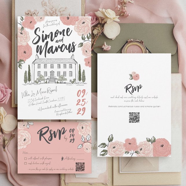 Einzigartiges Kunsthandwerk Villa Dusty Rose Blume Einladung (Whimsical pink sage green floral unique hand drawn handwritten illustrated villa wedding invitation)