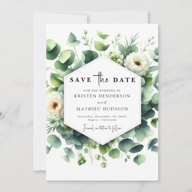Einzigartiges Leaf Eucalyptus Digital Wedding Save The Date (Vorderseite)