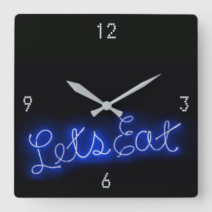 Einzigartiges Let's Eat Vintage-Neonschild in Blau Quadratische Wanduhr