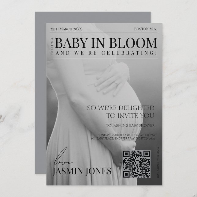 Einzigartiges Magazin Style Editorial Foto Baby Du Einladung (Vorne/Hinten)