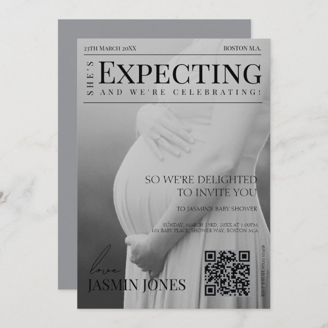 Einzigartiges Magazin Style Editorial Foto Baby Du Einladung (Vorne/Hinten)