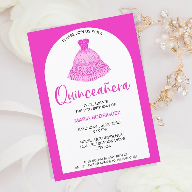 Einzigartiges Modern Pink Gown Quinseanera Celebra Einladung (pink gown quinceanera invitation)