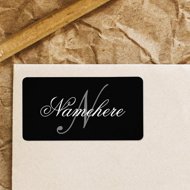 Einzigartiges Monogramm für Personalisierte Schwar Adressaufkleber (Von Creator hochgeladen)