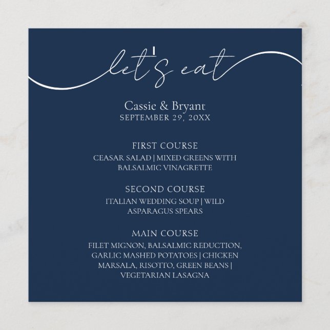 Einzigartiges Navy Blue Modern Script Wedding Menu Programm (Vorderseite)