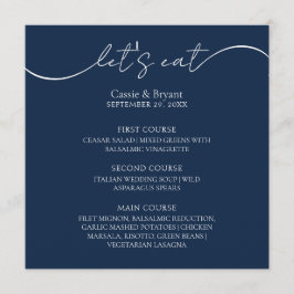 Einzigartiges Navy Blue Modern Script Wedding Menu Programm
