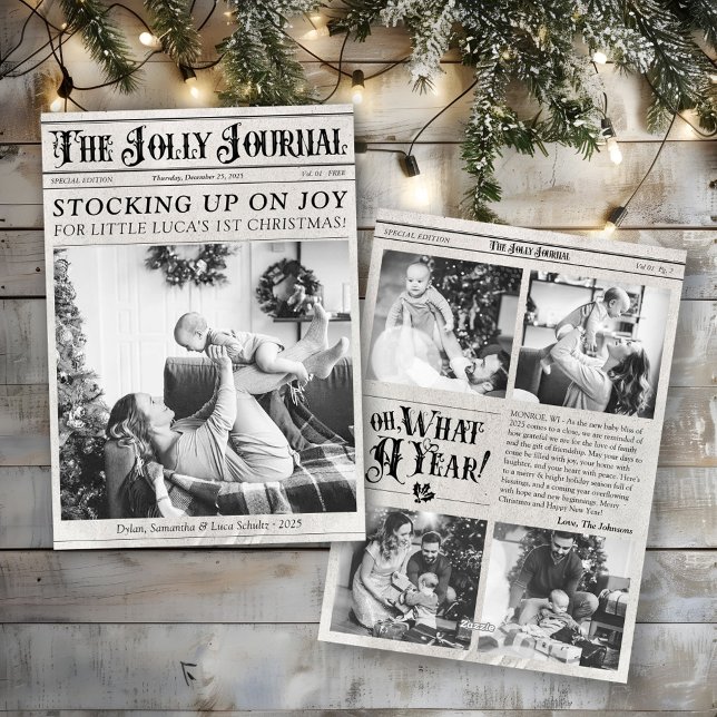Einzigartiges Newspaper Foto Babys 1. Weihnachten  (Vintage newspaper 5 photo cute Baby's first Merry Christmas What A Year Review unusual Holiday card)