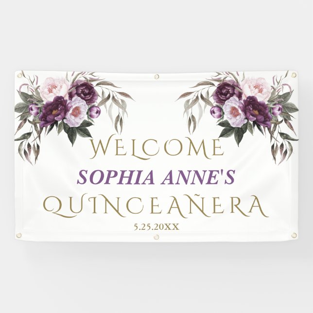 Einzigartiges Pink Lila Flora Quinceañera Begrüßun Banner (Horizontal)