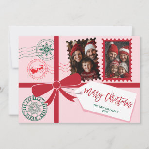 Einzigartiges Red Pink Gift Bow Foto Frohe Weihnac Feiertagskarte