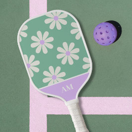 Einzigartiges Retro Floral Monogramm Grün & Lavend Pickleball Schläger