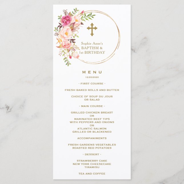 Einzigartiges Rosa Blütenblüte 1. Geburtstag & Tau Menükarte (Vorderseite)