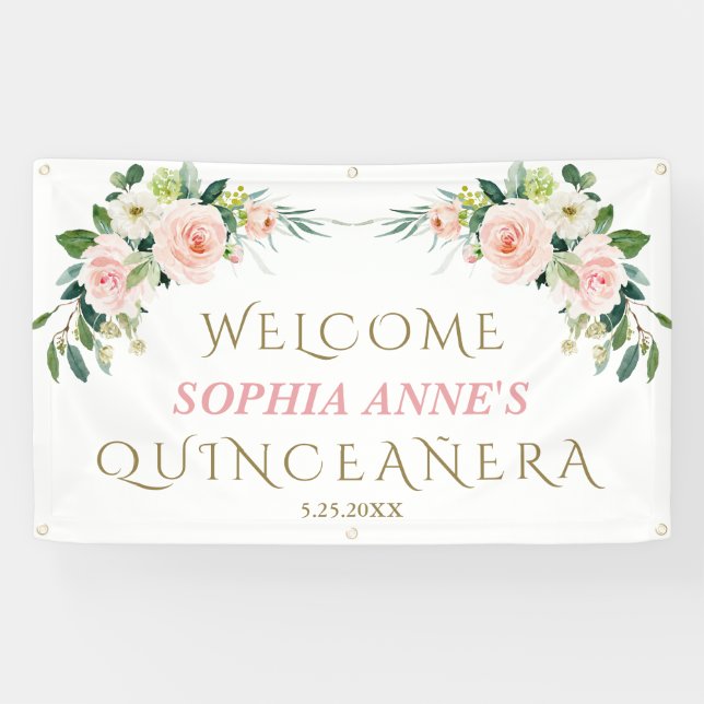 Einzigartiges rosa Blütenblütenblatt Quinceañera B Banner (Horizontal)