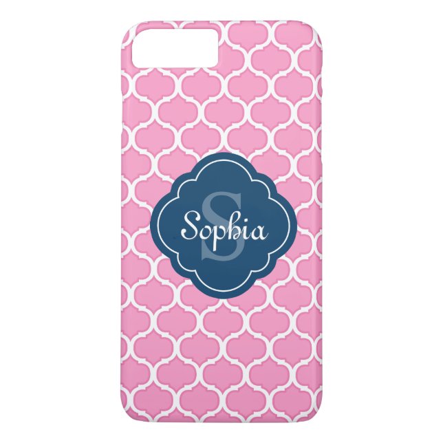 Einzigartiges rosa Gittermuster Navy Blue Monogram Case-Mate iPhone Hülle (Rückseite)