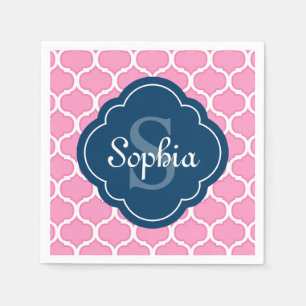 Einzigartiges rosa Gittermuster Navy Blue Monogram Serviette