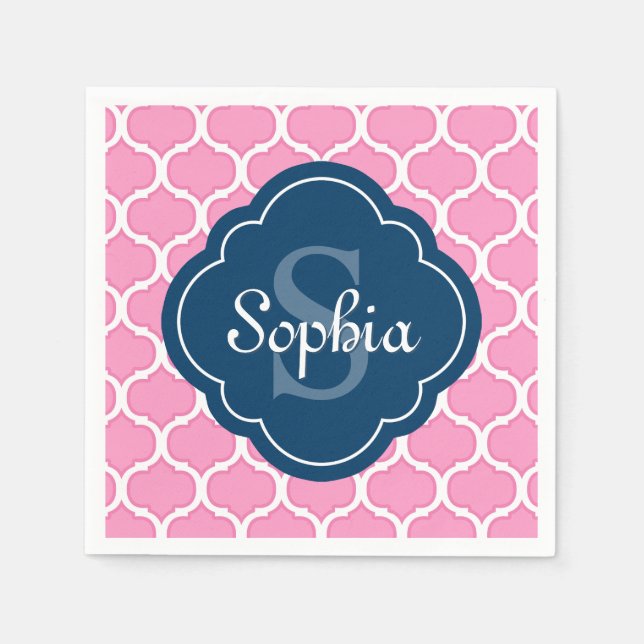 Einzigartiges rosa Gittermuster Navy Blue Monogram Serviette (Vorderseite)