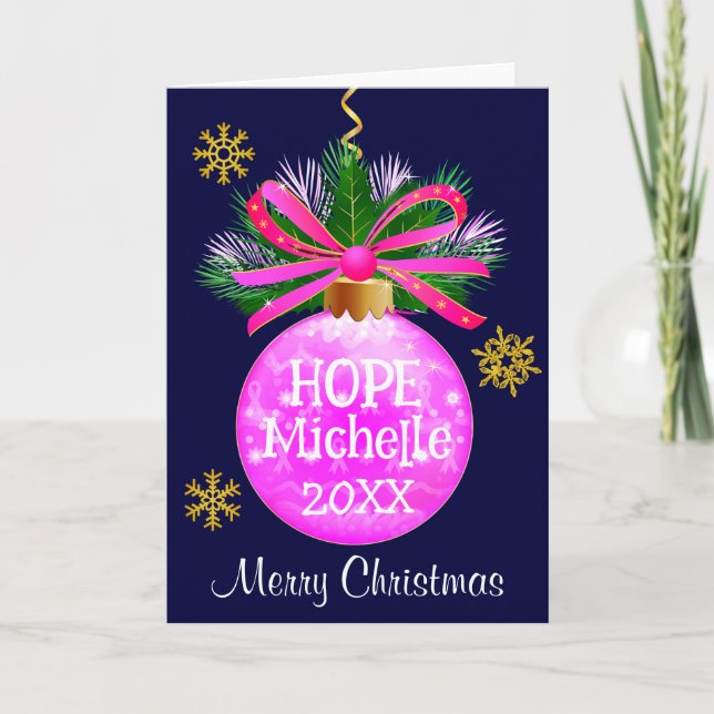 Einzigartiges rosa Ribbon Bauble Feiertagskarte (Vorderseite)