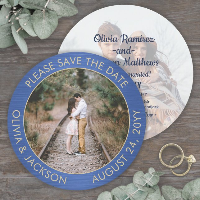 Einzigartiges Round Foto Brushed Blue and Gold Wed Save The Date (Von Creator hochgeladen)