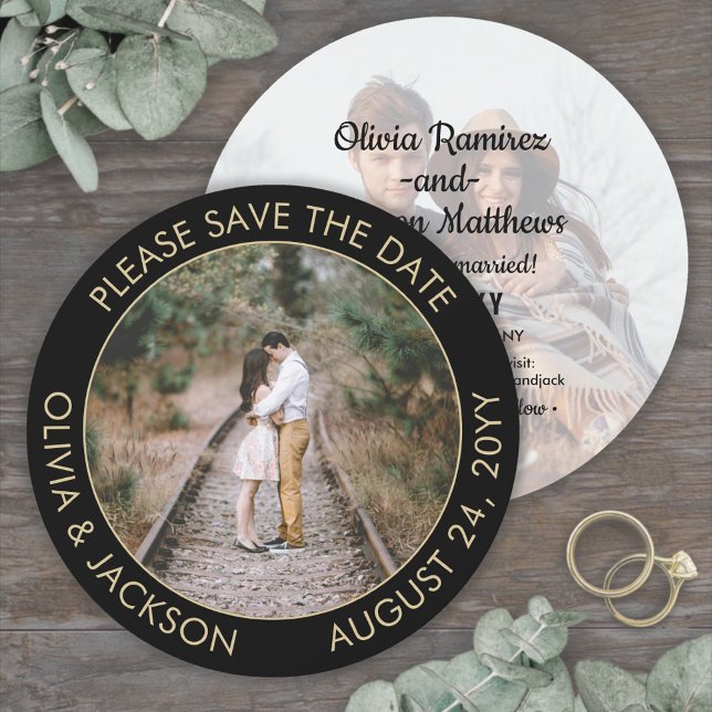 Einzigartiges Round Foto Moderne Black and Gold Ho Save The Date (Von Creator hochgeladen)