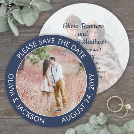 Einzigartiges Round Foto Moderne Navy Blue White W Save The Date