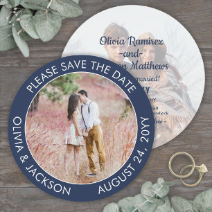 Einzigartiges Round Foto Moderne Navy Blue White W Save The Date