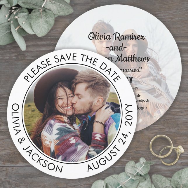 Einzigartiges Round Foto Moderne Schwarz-Weiß-Hoch Save The Date (Von Creator hochgeladen)