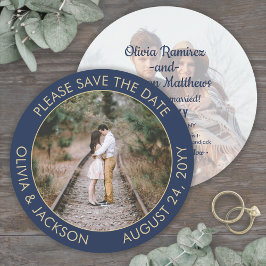Einzigartiges Round Foto Modernes Blue & Gold Hoch Save The Date