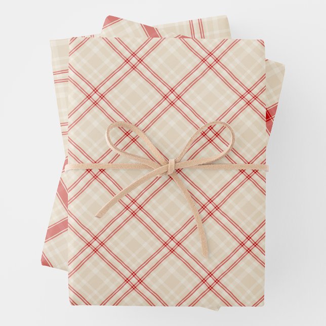Einzigartiges Rustikales Creme & Rot Geschlängelte Geschenkpapier Set (Unique Rustic Cream & Red Squiggly Mixed Plaid Wrapping Paper Sheets)