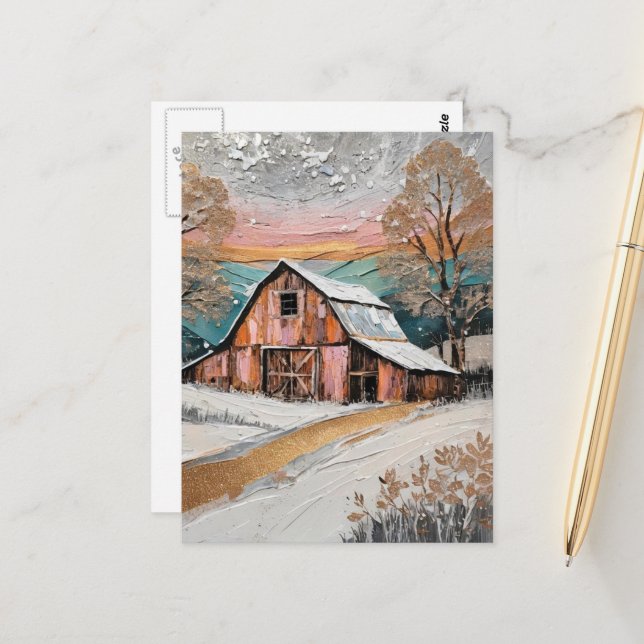 Einzigartiges schönes Winter-Barn-Gemälde Postkarte (Vorderseite/Rückseite Beispiel)