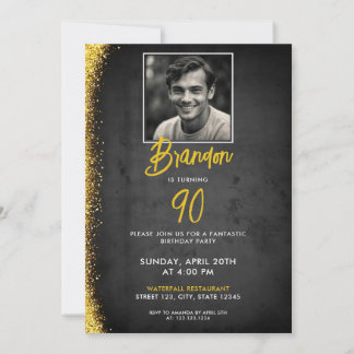 Einzigartiges Schwarz/Gold Vintages Foto 90. Gebur Einladung