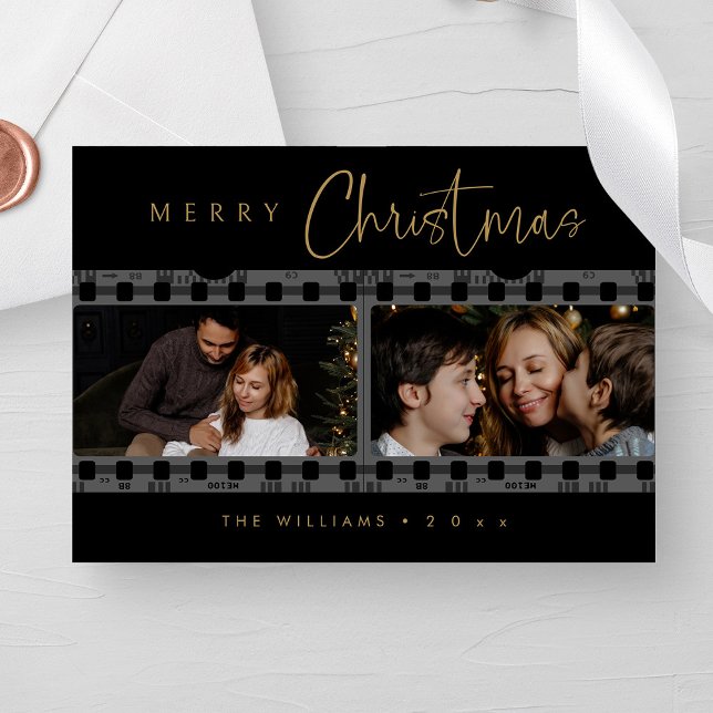 Einzigartiges Schwarz-Gold-Weihnachtsfest-Foto Feiertagskarte (Personalized Unique Black and Gold Christmas Photo Holiday Card)