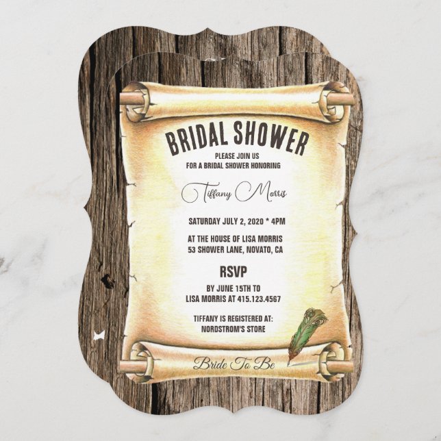 Einzigartiges Scroll & Feather Pen Brautparty Einladung (Vorne/Hinten)