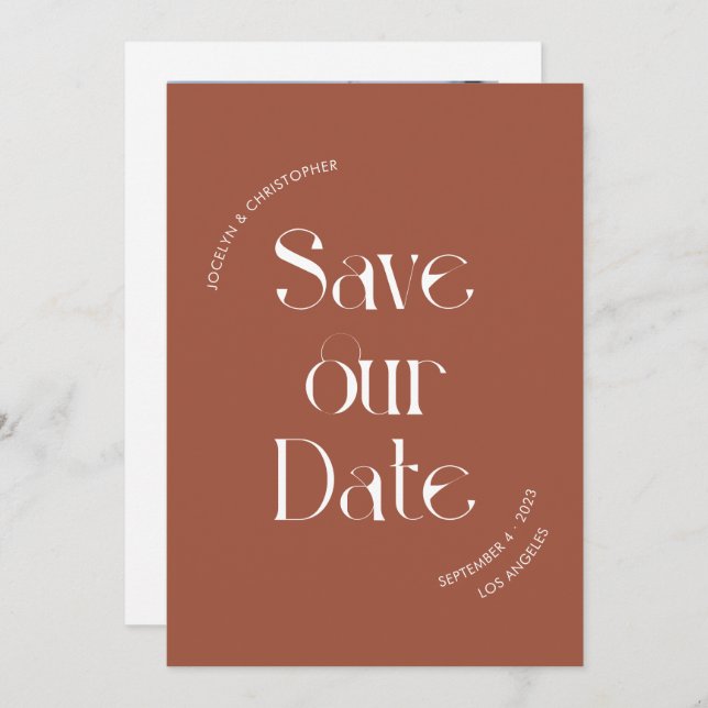 Einzigartiges stylisches Typografie Terracotta-Fot Save The Date (Vorne/Hinten)