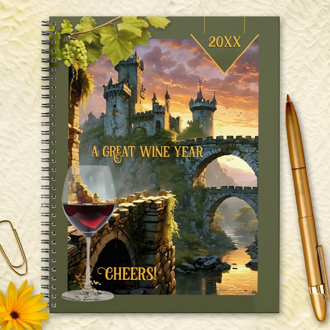Einzigartiges Weinwirtschaftsjahr Planer (Planner featuring a fantasy scene with a glass of wine, grapes and a castle at sunset)