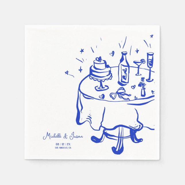 Einzigartiges Whimsical Blue Hand Drawing French B Serviette (Vorderseite)