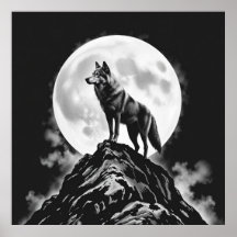 Einziger Howl: Wolf und Vollmond Holzkohle Kunst