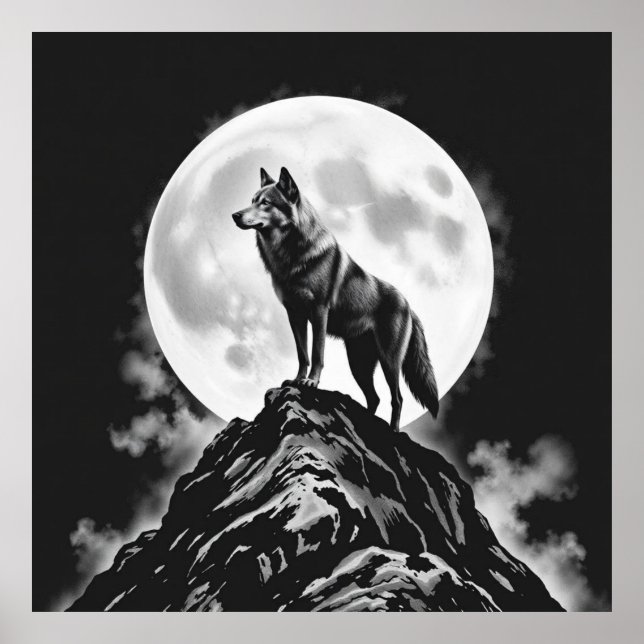 Einziger Howl: Wolf und Vollmond Holzkohle Kunst Poster (Vorne)