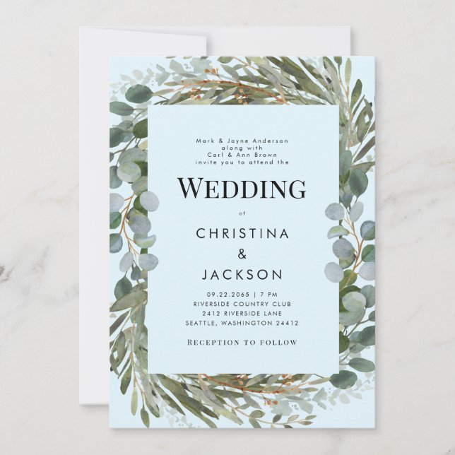 Eis Blue Eucalyptus Beide Eltern Hochzeiten Einladung (Vorderseite)