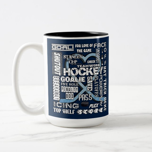 Eis Blue Heart Hockey Worte Weiße Logos 2 Zweifarbige Tasse (Links)