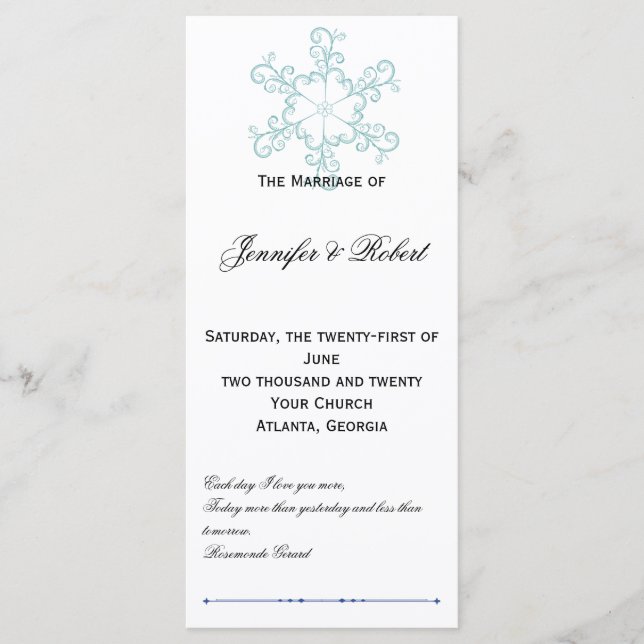 Eis Blue Heart Snowflake Wedding Programm (Vorderseite)
