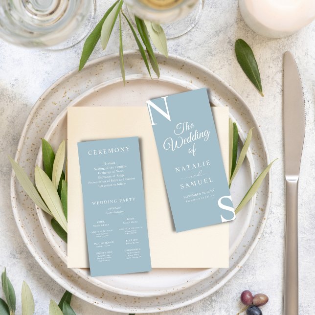 Eis Blue Minimalistisch Bold Initials Wedding Prog (Von Creator hochgeladen)
