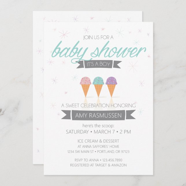 Eis Cream Baby Einladung - Es ist ein Junge (Vorne/Hinten)