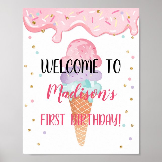 Eis Creme Cone Pink Gold Geburtstag Willkommen Poster (Vorne)