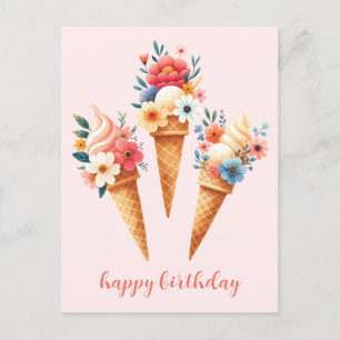 Eis mit Blumen- happy birthday- Aquarell Postkarte