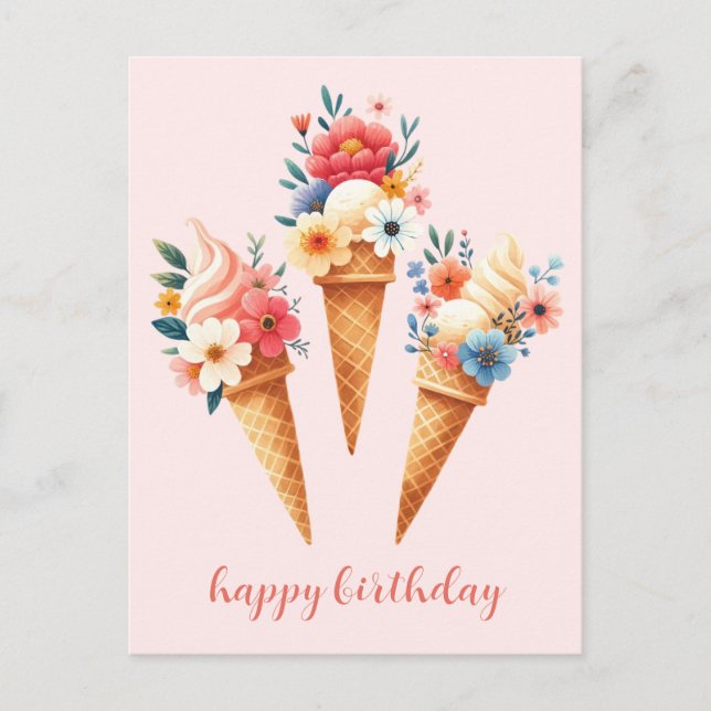 Eis mit Blumen- happy birthday- Aquarell Postkarte (Vorderseite)